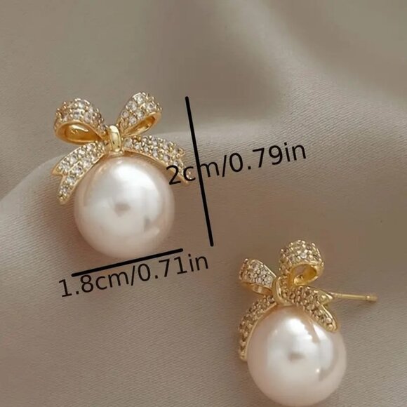 Pearl Earrings Bow Drop Rhinestones Ornament Ball Holiday Classy Glam Trendy - Picture 3 of 3